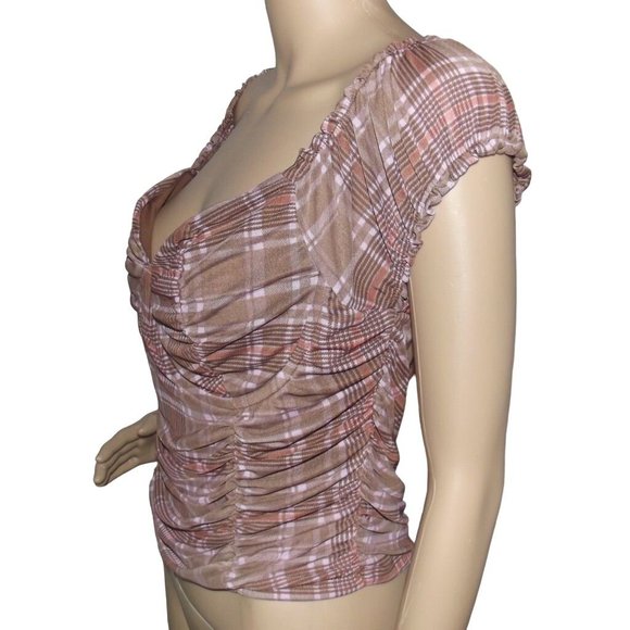 Just Polly Corset Top Jr XL Brown Pink Plaid peasant off-shoulder shirt blouse - Picture 5 of 7